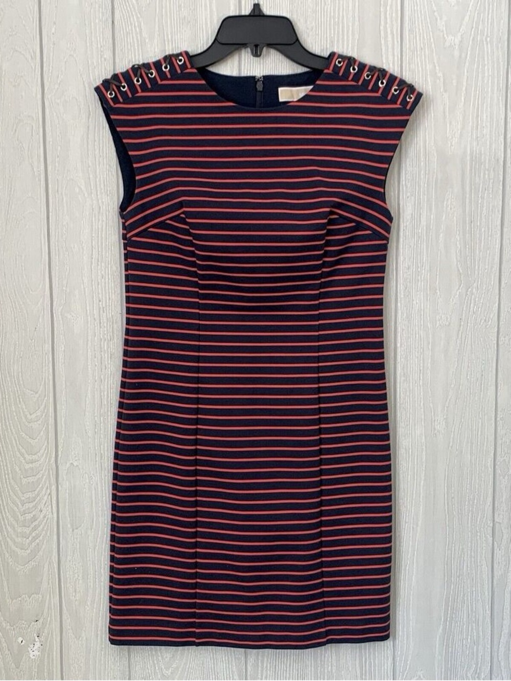 Navy and Red Striped Cap-Sleeve Sheath Dress